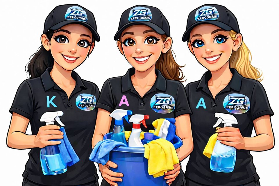 Illustration of the ZeroGrime Solutions cleaning team in branded caps and polo shirts, holding spray bottles and a cleaning caddy